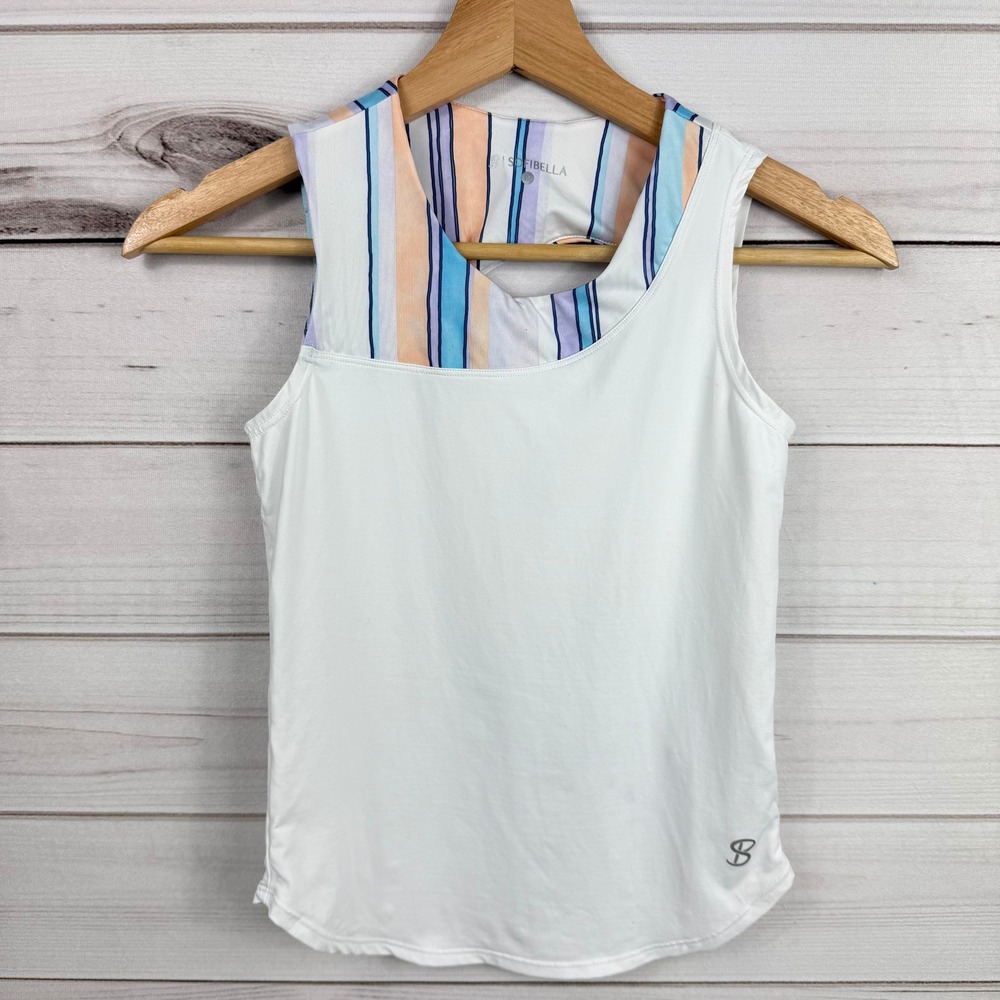 SOFIBELLA Girls White Athletic Tank Top Striped‎ Cutout Back Size M